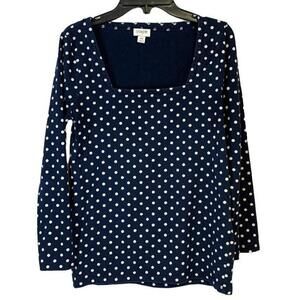 J.Crew Polka Dot‎ Navy Blue Women's Classic Square Neck 3/4 Sleeve Top Blouse XS